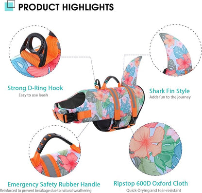 Dog Life Jacket High Flotation, Reflective Dog Life Vest for Swimming, Adjustable Dogs Life Preserver Rescue Handle Spring Summer Pool for Small, Medium, Large Dogs (HawaiiOrange,XS)