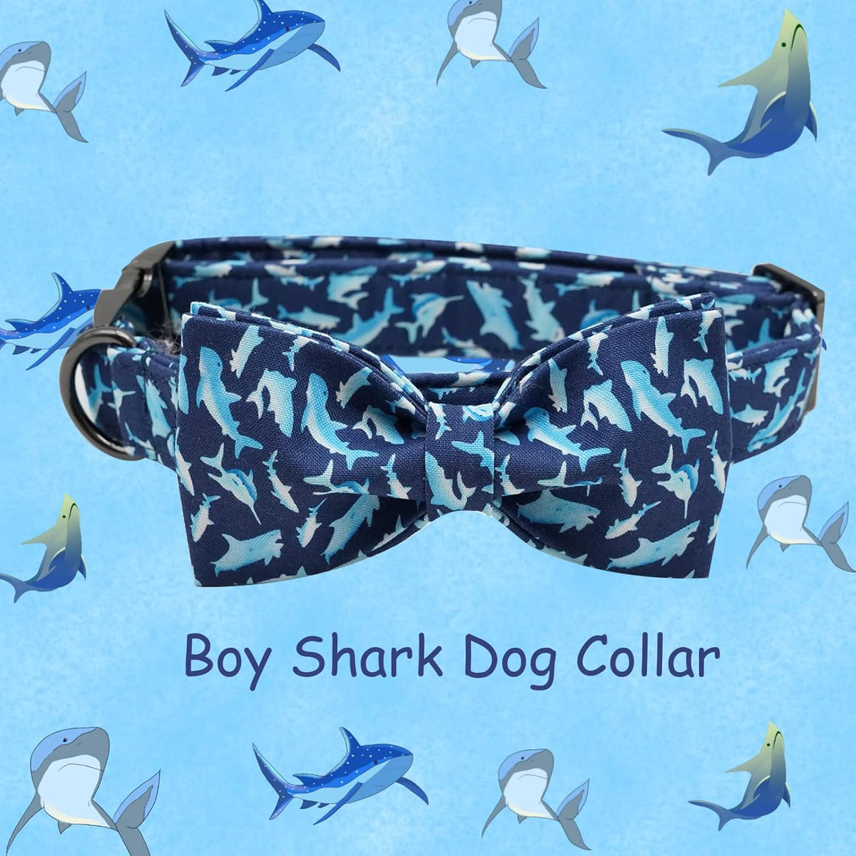 Elegant Little Tail Bowtie Dog Collar - Shark Print, Adjustable for Small Dogs