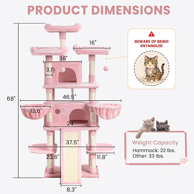 SHA CERLIN 68 Inches Multi-Level Large Cat Tree for Large Kitties/Big Cat Tower with Condo/Cozy Plush ‌Pussycat Perches/Sisal Scratching Posts and Hammocks/Activity Center/Pink