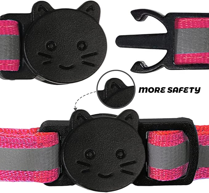 BANMODER 2 Pack Reflective Cat Collar Breakaway with Bell,Personalized Kitten Collars,Adjustable Safety Buckle Collar for Male Cats Girls & Boys (Hot Pink)