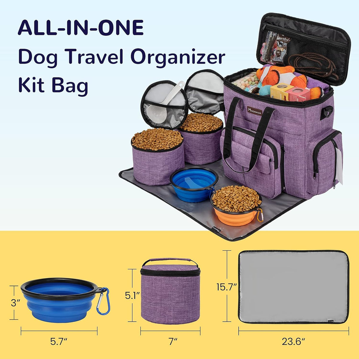 Modoker Dog Travel Organizer Carriers for Supplies & Accessories, Airline Approved Cat Pet Travel Bag, 2 Collapsible Bowls, 2 Travel Dog Food Container, Purple