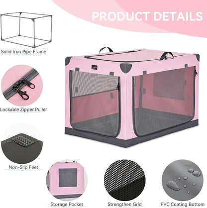 PETSFIT 30" Soft Portable Dog Crate – Patented Spiral Sturdy Frame, Collapsible Travel Kennel for Medium Dogs, 3 Mesh Door, Lockable Zippers, Indoor & Car Use Pink