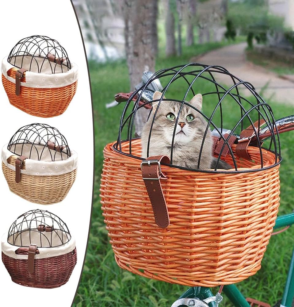 Shiker Bicycle Basket with Wire Mesh Cover, Wicker Bike Basket for Small Dogs Cats, Front Handlebar Bike Basket, Easy to Detachable, 11.81 x 9.84 inch