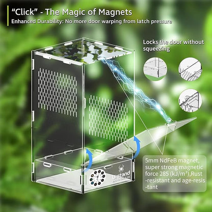 Jumping Spider Enclosure, Front-Opening Acrylic Spider Terrarium with Magnetic Door,Laser-Cut Biomimetic Ventilation System, Escape-Proof for Feeder Insects (6.5"x6.5"x12")