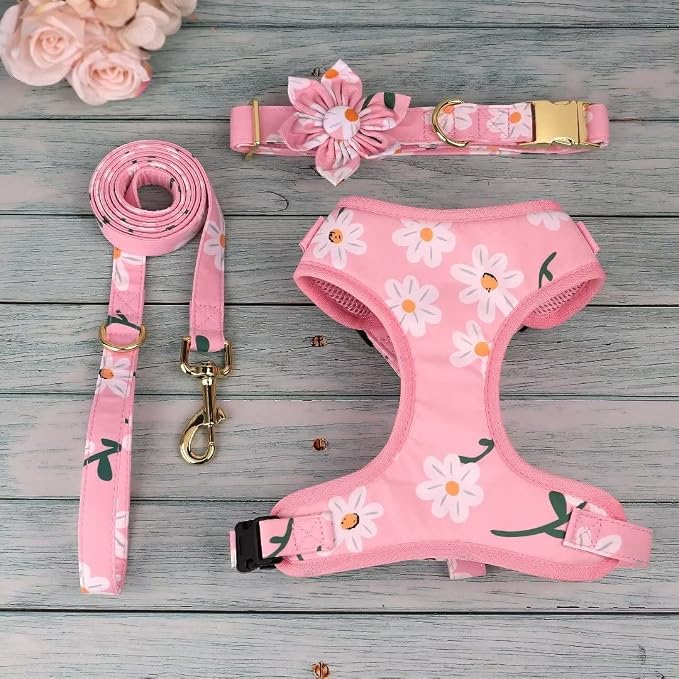 Beirui Cute Dog Collars,Harnesses,Leashes Set, Floral Pattern, Pink-1,M | Girl Dog Harness Set with Flower, Adjustable and Soft Mesh Lining, For Medium Dogs Daily Walks