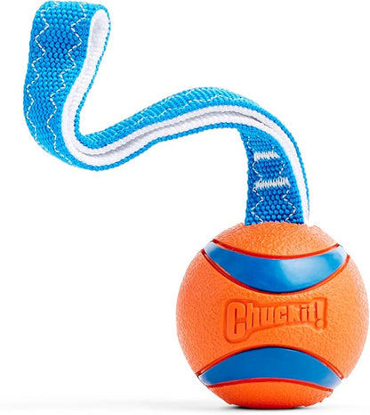 Chuckit! Ultra Tug Dog Toy - Ultra Ball on a Durable Nylon Cord Handle - Fetch and Tug-of-War Toy for Dogs - Size Large - For Breeds 60-100 lbs - 3-inch Diameter - Orange and Blue
