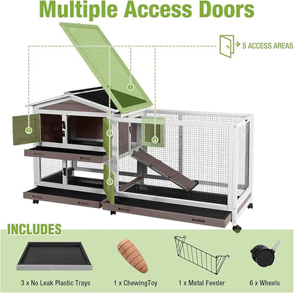 Rabbit Hutch Indoor Outdoor, 62" Wooden Rabbit Cage with 6 Lockable Wheels, Bunny Cage with Pull Out Trays, Waterproof Asphalt Roof, Small Animal House for Rabbits, Guinea Pigs, Chinchillas