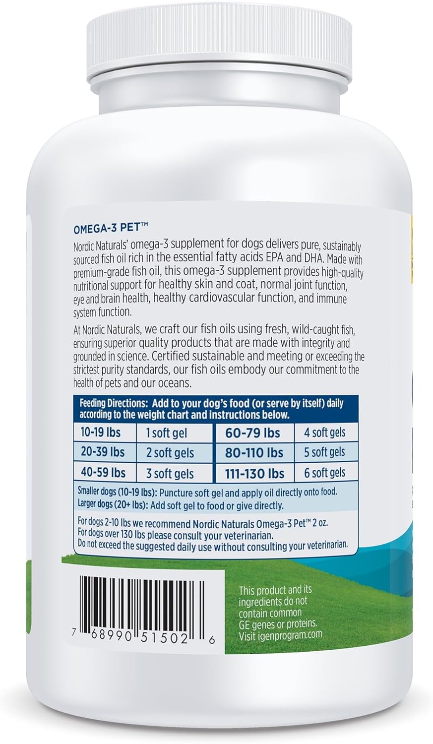 Nordic Naturals Omega-3 Pet, Unflavored - 180 Soft Gels - 320 mg Omega-3 Per Soft Gel - Fish Oil for Dogs with EPA & DHA - Promotes Heart, Skin, Coat, & Immune Health