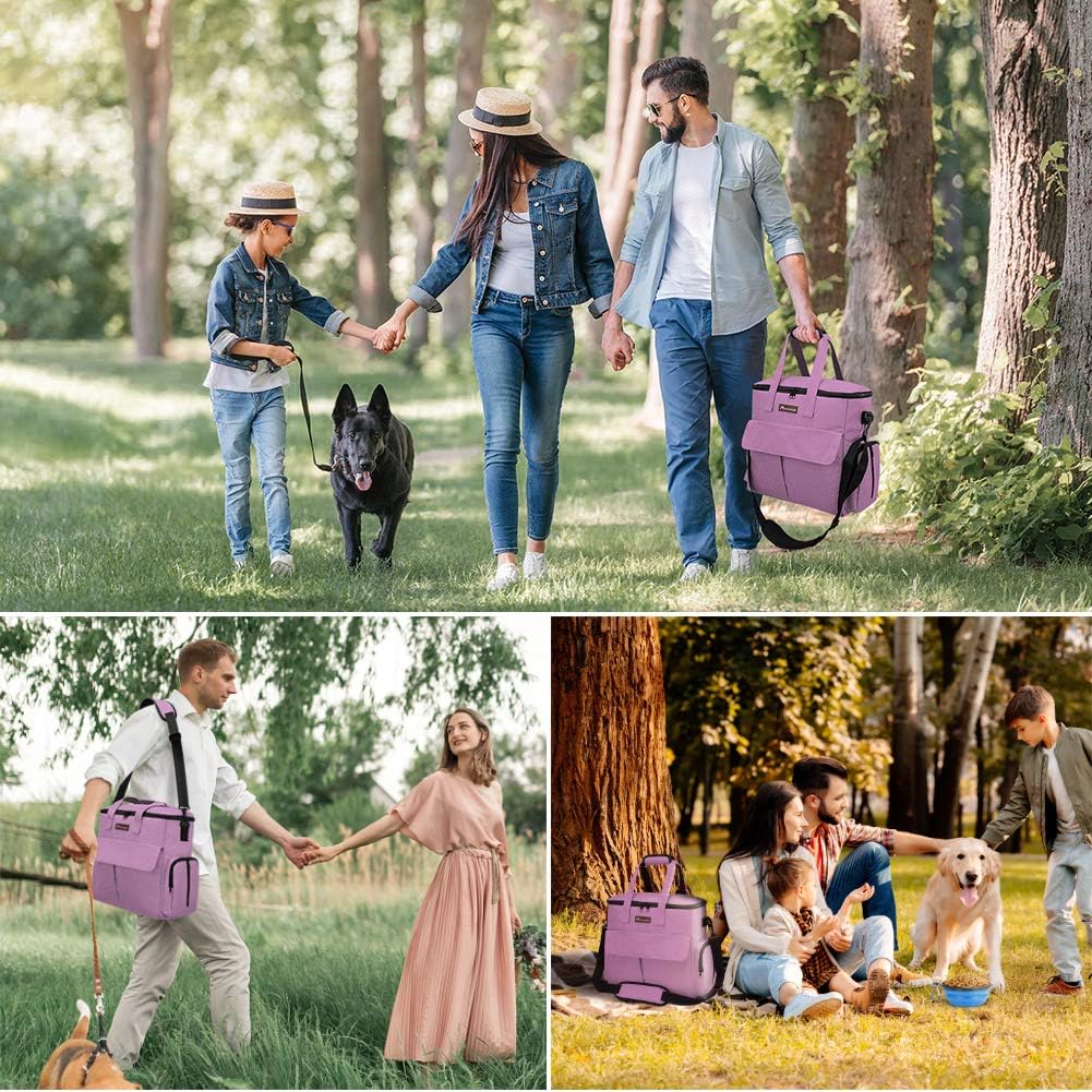 Modoker Dog Food Tote Bag, Airline Approved Pet Gear Travel Set Portable Diaper Accessories Organizer with 2 Food Storage Containers, 2 Collapsible Bowls, 1 Feeding Mat (Pink)