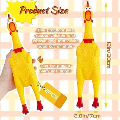 HEALTH & OUTDOORS Rubber Chicken Squeeze Squawking Chicken (2 Pack), 12-Inch Yellow Screaming Chicken Dog Toys, Prank Noise Maker Dog for Silly Novelty Party Favors, Games