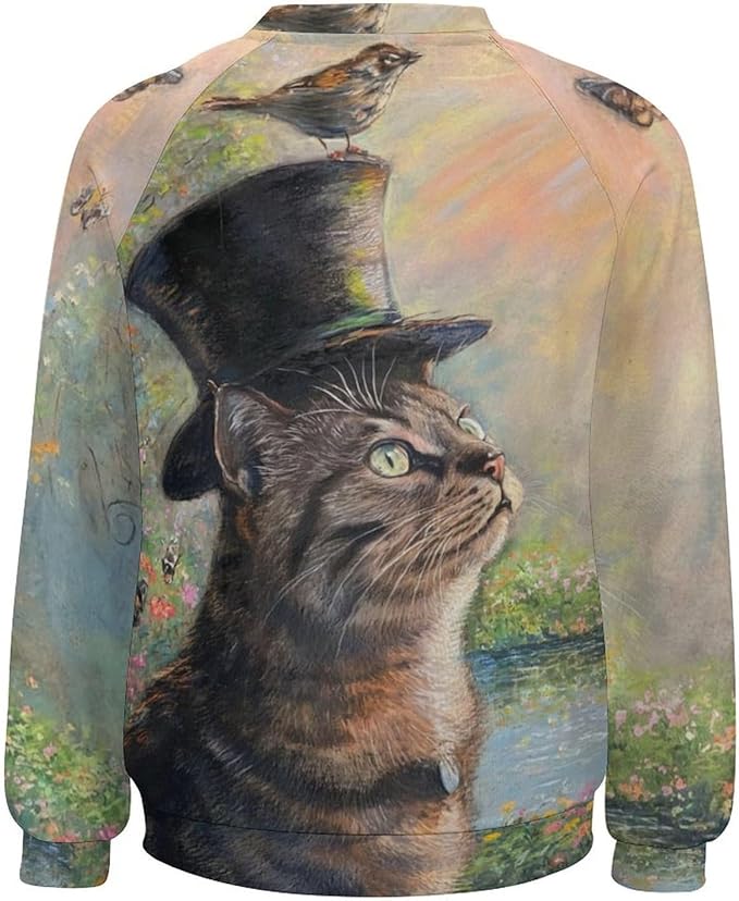 Long Sleeve Shirts for Women Cat Oil Painting Shirt 3D Graphic Sweatshirts Fall Pullover Crewneck Vintage Boho Tops