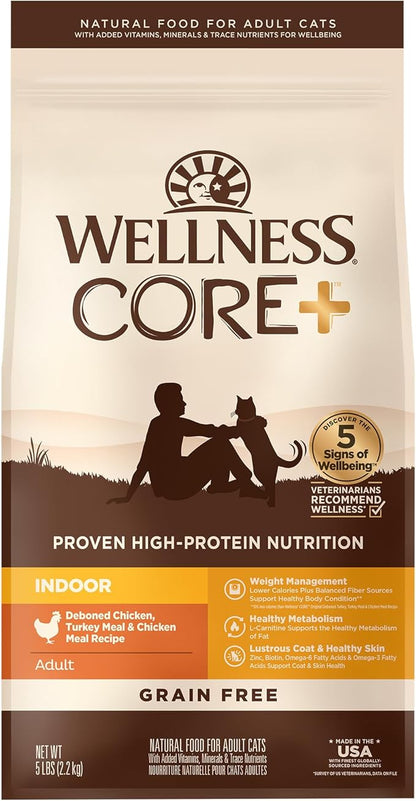 Wellness CORE+ Adult Dry Cat Food for Indoor Cats, Grain-Free, Natural, Chicken, Turkey & Chicken Meal (5 Pound Bag)