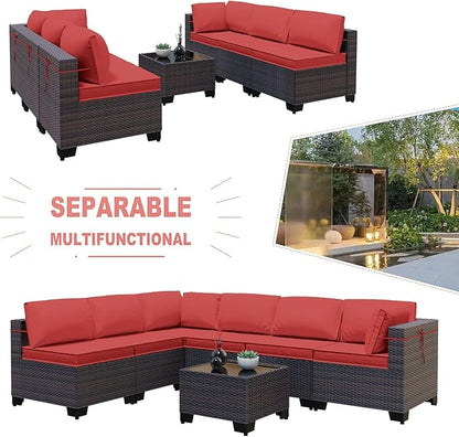 Kullavik 7 Pieces Outdoor Patio Furniture Set,Wicker Outdoor Sectional Sofa,All-Weather Patio Conversation Sets with Washable Thick Cushions & Coffee Table for Garden,Backyard,Balcony,Porch,Red