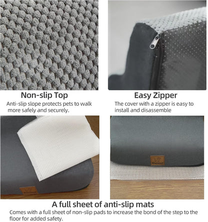 5 Step Pet Stairs Ramp for High Beds Sofas 5-30 Inch with Sturdy Non Slip Waterproof Pads, Machine Washable Cover Indoor Balanced Design for Cats Dogs Small Medium Large XL Pets Grey (Brown, Large, 1)