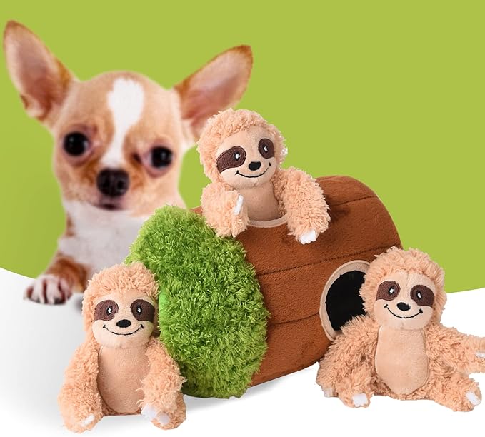 Interactive Squeaky Dog Toys Plush Sloth Dog Toy, Stuffing Woodland Friends Burrow, Squeaky Plush Dog Toy for Small Medium Large Dogs (Small)