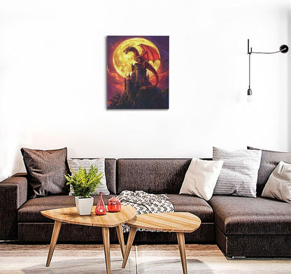 Dragon Bathroom Pictures Wall Art, Red Dragon Castle Bathroom Wall Decor, Framed Painting Canvas Artwork for Bedroom Living Room Decorations 24"L x 20"W