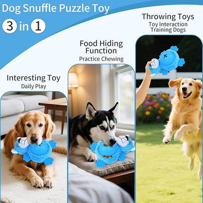 Interactive Dog Toys, Plush Dog Toy with Treat Dispensing Ball, Squeaky Dog Toy with Cute Plastic Paws for Playing,Slow Eat Hiding Food Enrichment Toy for Small & Medium Breeds (Blue)