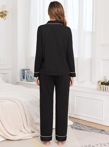 Veseacky 100% Cotton Pajamas for Women Set Long Sleeve Button Down Sleepwear Soft Pjs Lounge Sets with Pockets XS-XXL