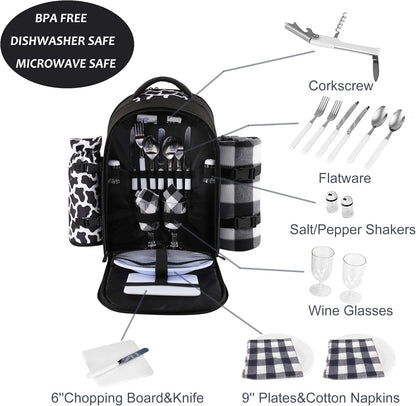 apollo walker Picnic Backpack Bag for 2 Person with Cooler Compartment, Detachable Bottle/Wine Holder, Fleece Blanket, Plates and Cutlery Set (2 Person, Black)