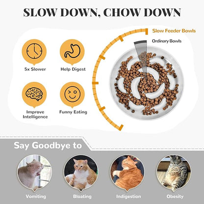 Melamine Slow Feeder Cat Bowls - Set of 3 Cat Food Dishes - Fun Maze Design for Slow Feeding - Dishwasher Safe - White × 3