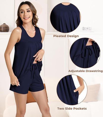 NACHILA Pajamas for Women-Viscose from Bamboo, Ribbed Racerback Tank Top Sexy Split Shorts Pajama Sets Cooling Sleep Cami Pjs