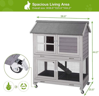 Rabbit Hutch Indoor Outdoor Bunny Cage Rabbit House with Movable Wire Netting, Guinea Pig Habitat On Wheels,Pull Out Leak Proof Tray L38.6 x D25.6 x H44.2