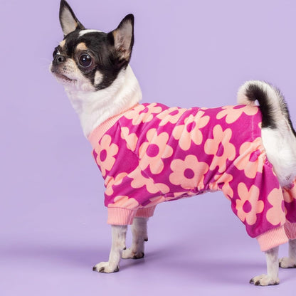 Fitwarm Flower Fleece Dog Pajamas, Warm Winter Dog Clothes for Small Dogs Girl, Cozy Pet Onesie with Feet, Pink, Small