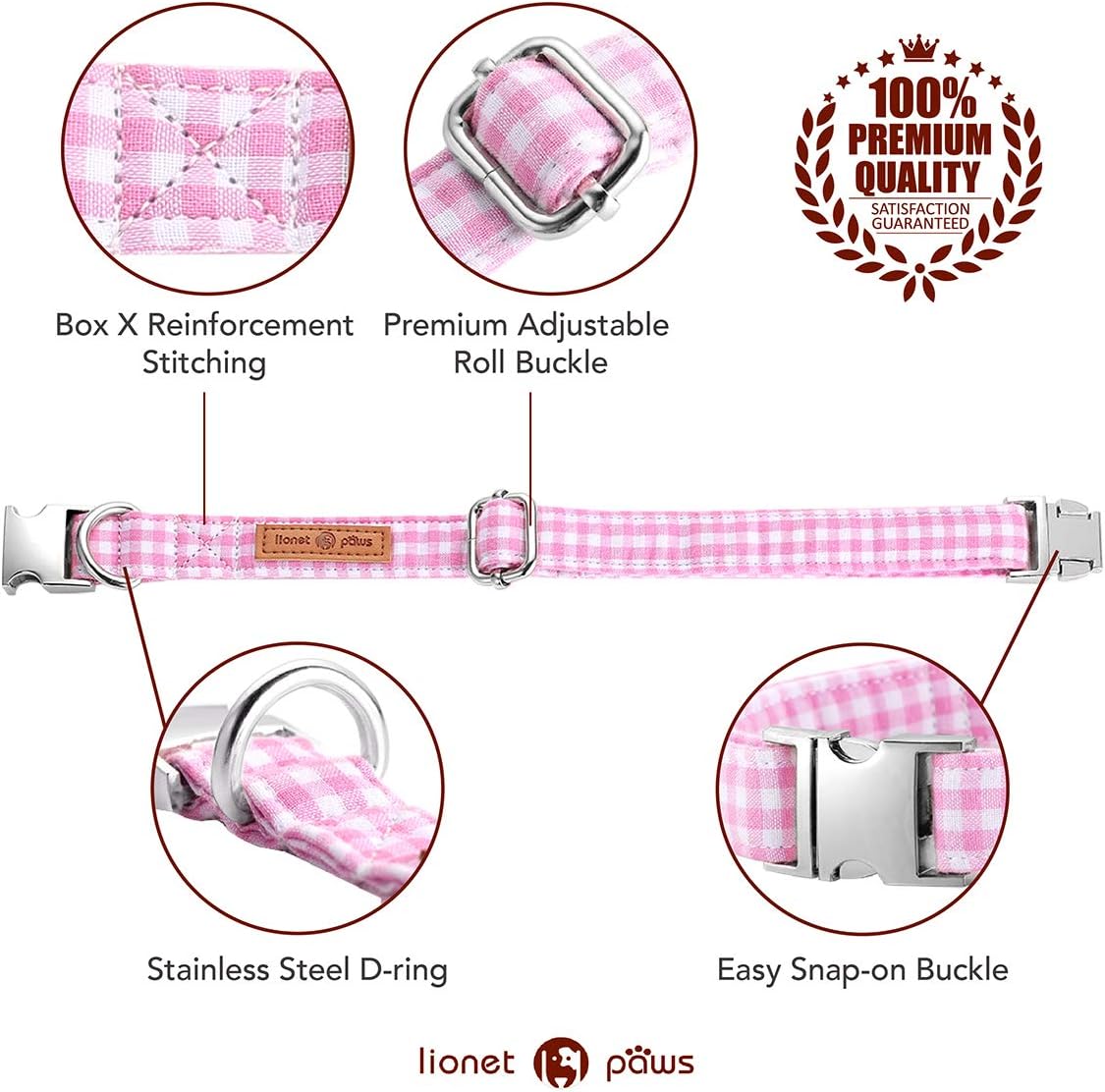 Lionet Paws Dog Collar with Bowtie, Comfortable Adjustable Cute Pink Gingham Bow Tie Collar for Female Dogs Gift, Medium, Neck 13.5-22 inches