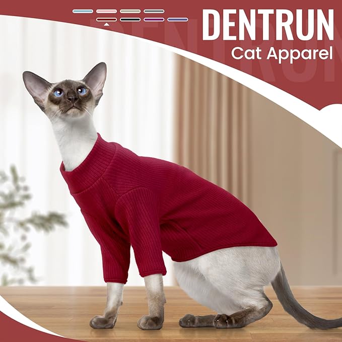 DENTRUN Sphynx Hairless Cats Shirt Pullover Kitten T-Shirts, Breathable Cat Wear Turtleneck Sweater Adorable Cat's Clothes Vest Pajamas Jumpsuit