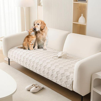 HANDONTIME Non-Slip Pet Couch Cover Washable, Plush Faux Fur Couch Protector for Cushion Pet-Friendly Sofa Covers for Dogs, Checkered Diamond Sectional Covers Dog Mat for Sofa (Ivory, 35.6" x 94.5")