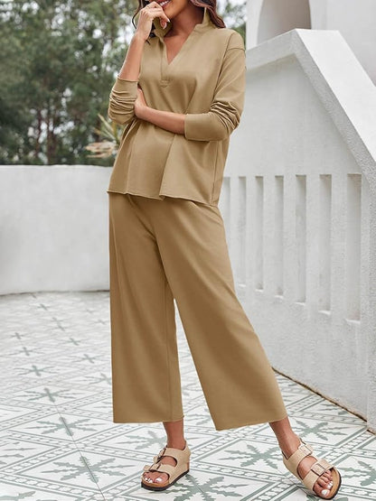 Imily Bela Womens 2 Piece Outfits Sweatsuit Long Sleeve Lapel V Neck Shirt and Wide Leg Pants 2025 Fall Trendy Tracksuit
