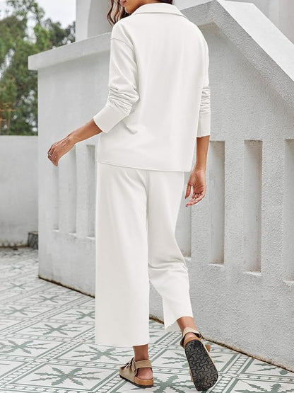 Imily Bela Womens 2 Piece Outfits Sweatsuit Long Sleeve Lapel V Neck Shirt and Wide Leg Pants 2025 Fall Trendy Tracksuit