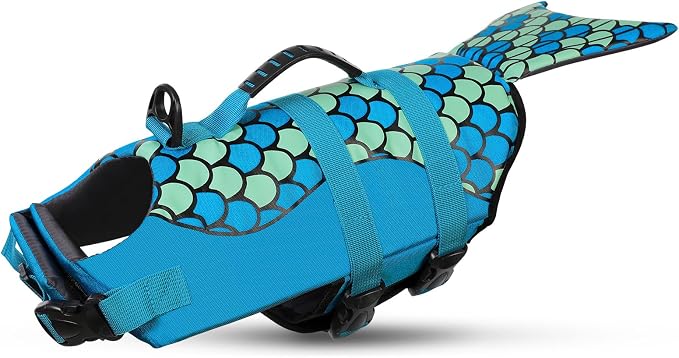 Mermaid Dog Life Jacket - Lightweight Dog Swimming Vest, High Buoyant, Blue, S-XL