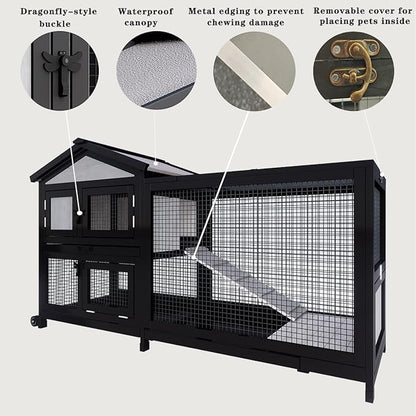 Rabbit Hutch 58" Rabbit Cage Outdoor&Indoor 2-Story Chicken Coop Guinea Pig Cage on Wheels Bunny Cage with 3 Deep No Leakage Pull Out Tray,Waterproof Roof (Black)