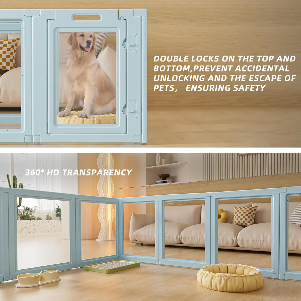 DIY Clear Acrylic Dog Playpen House,Quick Easy Assembly and Disassembly,Strong Floor Suction,Indoor and Outdoor Use,Easy Cleansing Puppy Fence (Sky Blue, 30.3" H, 8PCS)