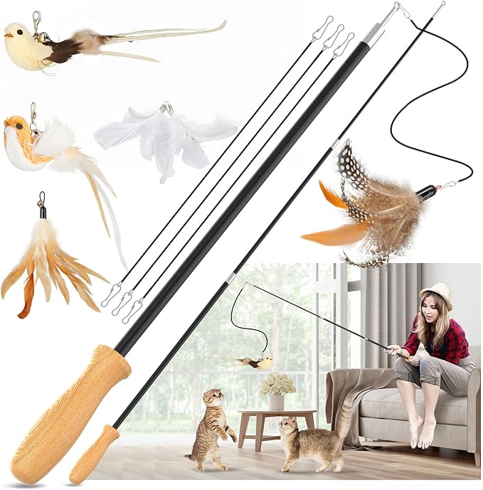 ROSAUI Cat Teaser Wand Toys, Interactive Bird Toys for Indoor Kittens, 42.15’’ Long Cat Fishing Pole Toys, 2Pcs Wires and 5Pcs Natural Refills, Sustainable Wooden Handles, Exercising, Playing