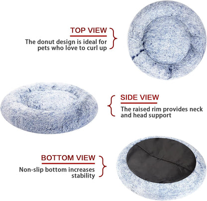 Bedfolks Calming Donut Dog Bed, 23 Inches Round Fluffy Dog Beds for Small Dogs, Machine Washable Anti-Anxiety Plush Puppy Bed（Navy Blue, Small）