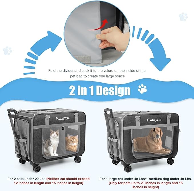 Extra Large Cat Carrier for 2 Cats with Wheels, 24" X 15" X 17" Dual-Compartment Cat Car Travel Carrier, Breathable Rolling Dog Carriers for Small Dogs with Zipper Locks, Light Gray