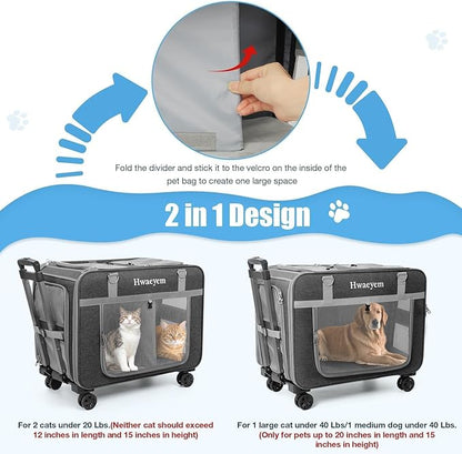 Extra Large Cat Carrier for 2 Cats with Wheels, 24" X 15" X 17" Dual-Compartment Cat Car Travel Carrier, Breathable Rolling Dog Carriers for Small Dogs with Zipper Locks, Light Gray