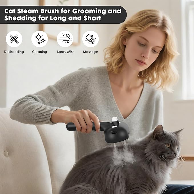 Cat Steam Brush for Grooming and Shedding for Long and Short Hair Pets Deshedding and Hair Removal tool for Dogs & Cats Self Cleaning 4 in 1 Massaging Pet Spray Spritz Defur Comb