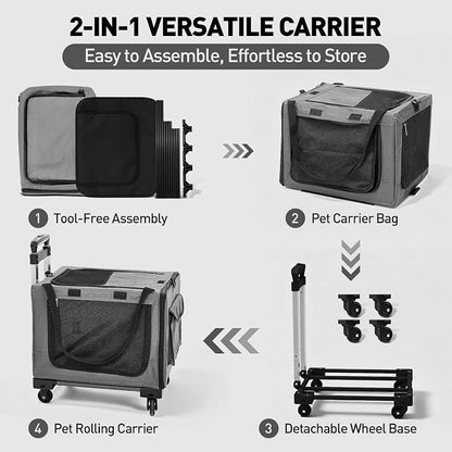 Rolling Cat Carrier with Wheels, 16.5 x 13 x 11.8 in, Light Gray | Expandable, foldable soft-sided carrier with detachable wheels and telescopic handle for cats and small dogs