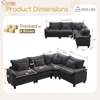 URRED Cloud Couch Modular Sectional Sofa, 116" Modern L Shaped Deep Seat Sofa with Pillows, Ultra Comfy Velvet Corner Couches for Living Room, Bedroom or Apartment, Dark Gray