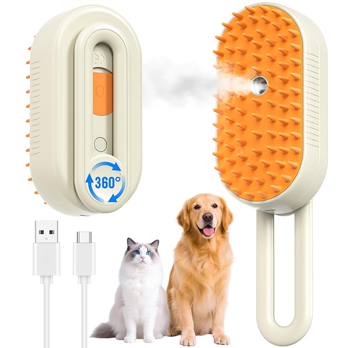 Cat Steam Brush for Shedding, Pet Steam Brush for Cats and Dog, 4 in 1 Rechargeable Cat Hair Brush, Spray Anti-Static, Massage, Cleaning, Shedding & Combing All In One, for Long & Short Haired Pets!