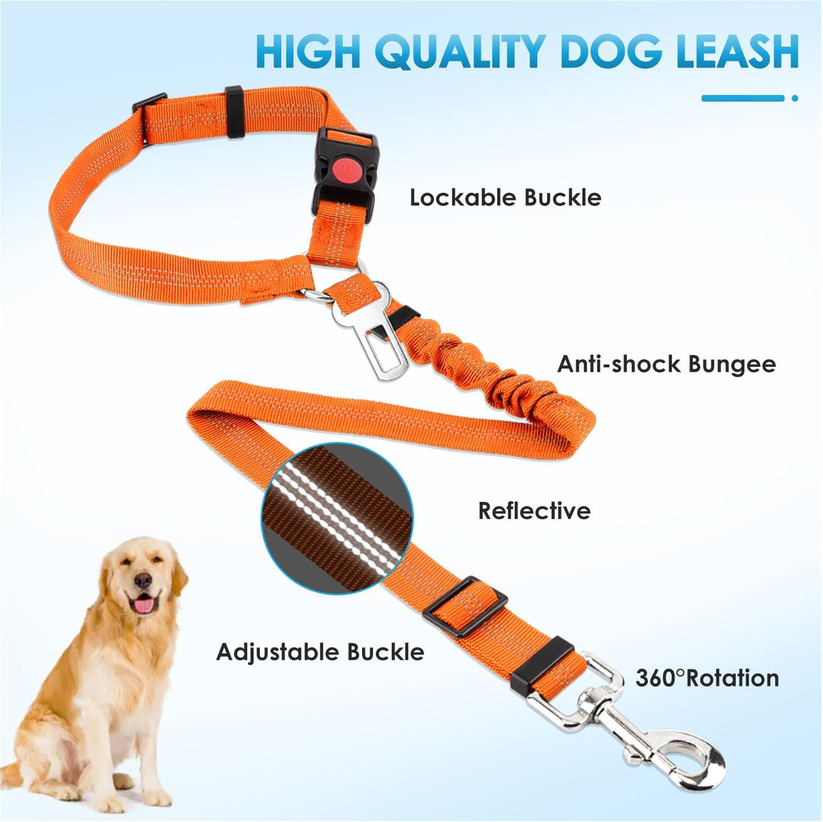 Lukovee Dog Seatbelt Leash for Cars, 2 Pack Pet Safety Car Seat Belt with Adjustable Buckle & Reflective Bungee, Connect Dog Harness in Vehicle Car Dogs Restraint Travel Daily Use (Orange)