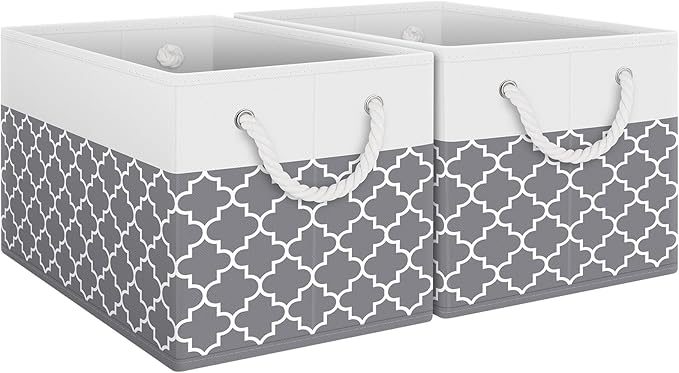 Fab totes Storage Bins [2-Pack], Foldable Storage Baskets for Organizing Toys, Books, Shelves, Closet, Large Storage Box with Rope Handles, Sturdy Organizer Bins,Clover Grey