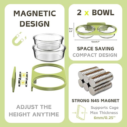 Magnetic Reptile Feeding Ledge with 2 Pack Plastic Bowls Food Feeder Water Dish for Crested Gecko Dwarf Hamster (Green, Magnetic-Mounted)