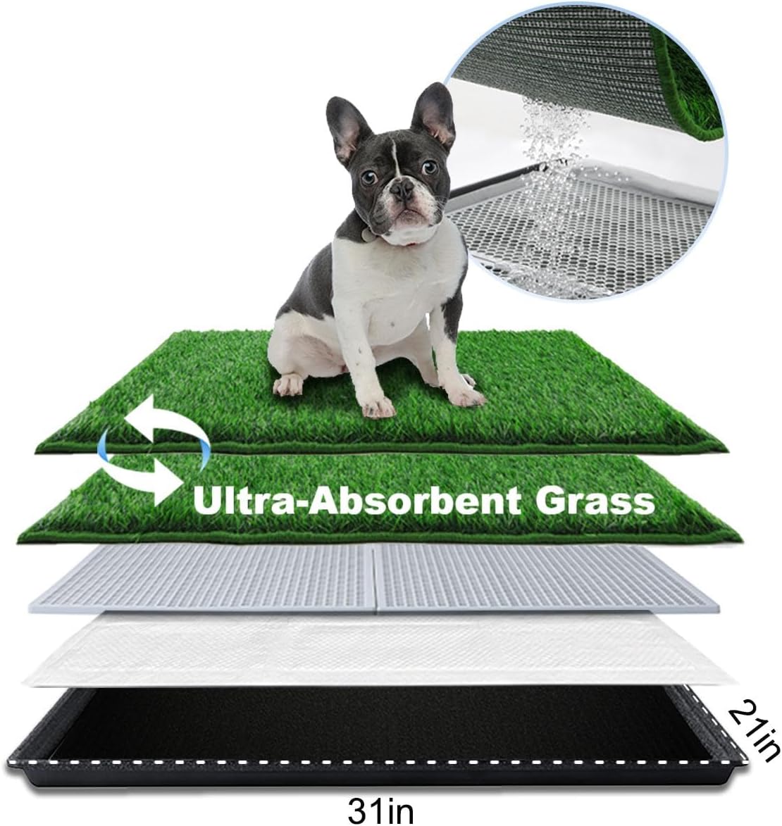 Dog Grass Pad with Tray Medium 31”×21”, Dog Potty with Ultra-Absorbent Artificial Grass for Dogs with Hemmed Edge, Pee Pads for Dogs, Realistic, Odor Free, Litter Box for Balcony
