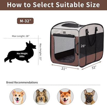 Dog Kennels and Crates for Medium Dogs, Portable Pop Up Indoor Pet Cage with Sturdy Wire Frame, Collapsible Travel Crate Soft Sided Cat Bag Escape Proof (Brown, 32.0" L x 21.0" W x 26.0" H)