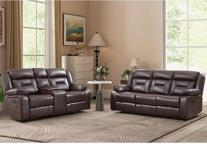 EBELLO Manual Recliner Sofa Set, Faux Leather Reclining Living Room Furniture Set, Included Loveseat and 3 Seat Manual Recliner Sofa, Dark Brown(Loveseat+Sofa)