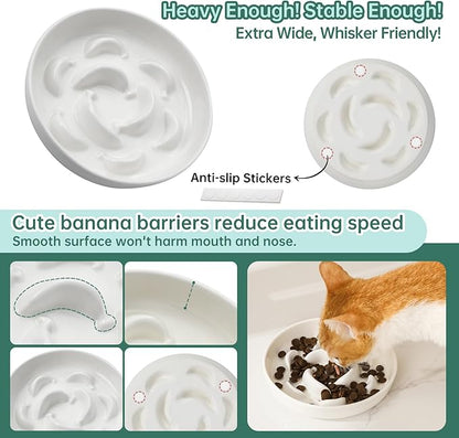 Ceramic Cat Slow Feeder Bowl - Pastel Series Cat Plate for Dry and Wet Food - Cute Maze Feeder Dish for Healthy Eating - Dishwasher Safe - 6.3''W x 1.2''H - 7 OZ - Ivory White